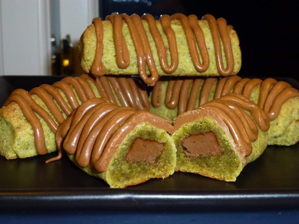 Homemade pistachio marzipan cake with chili-licorice-nougat (will be translated upon request)